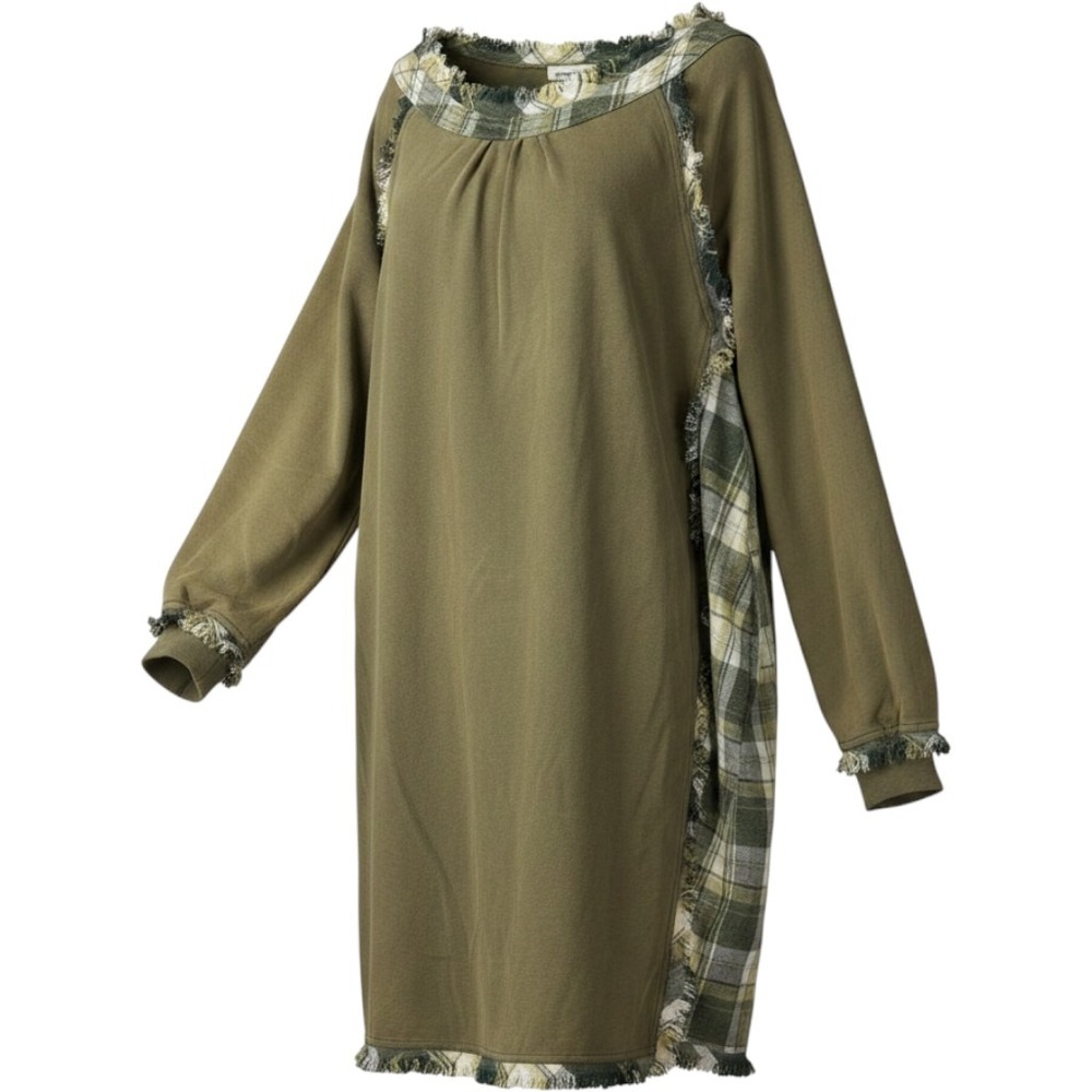 Blue Velvet Olive Green Plaid Deconstructed Frayed Mini Dress Tunic Pockets L